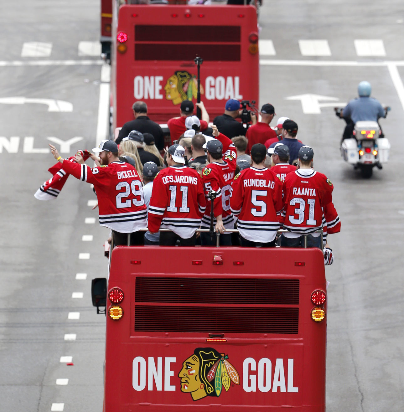 Bryan Bickell, Andrew Desjardins, Andrew Shaw, David Rundblad, Antti Raanta
